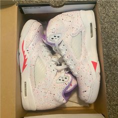 Jordan’s Retro 5, Size 6y, 7.5 In Women’s. These Are The Splatter Paint Retros, Splattered With Pink And Purple On The White Shoe. Shoes Brand New. White High-top Sneakers With Paint Splatter, White Custom Paint Splatter Sneakers For Sports, White Custom Sneakers With Paint Splatter For Sports, White Paint Splatter Sneakers With Round Toe, White Low-top Sneakers With Paint Splatter, White Paint Splatter Low-top Sneakers, Sporty White Custom Sneakers With Paint Splatter, White Sporty Custom Sneakers With Paint Splatter, Casual White Sneakers With Paint Splatter