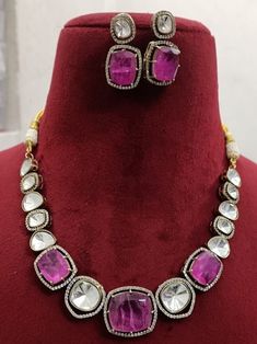 Sabyasachi Inspired Victorian Dual Tone Finish Uncut Polki Moissanite Kundan and Doublet Stone Necklace Set with Earrings - Hot Magenta Pink Traditional Pink Kundan Necklace For Formal Occasions, Formal Kundan Necklace With Gemstones, Formal Fusion Kundan Necklace With Stone Work, Formal Kundan Gemstone Necklace For Festivals, Formal Fusion Kundan Jewelry Sets, Formal Fusion Kundan Necklace, Formal Festive Jewelry Sets With Gemstones, Formal Festive Gemstone Jewelry Sets, Dual-tone Jewelry For Formal Festive Occasions