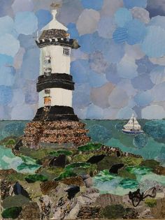 a painting of a lighthouse on top of a rock