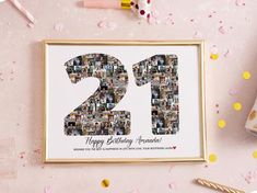 a photo frame with the number twenty two on it and confetti around it