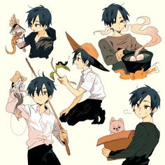 an anime character with different poses, holding a cat and some other things in his hands