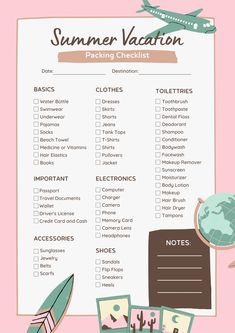 a printable summer vacation packing checklist with pictures and an airplane on the top