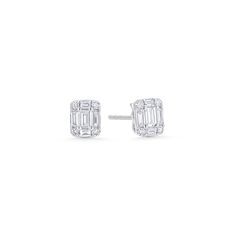 These diamond stud earrings feature five emerald cut diamonds accented by four round white diamonds. They amass a .31 carat weight, and shine super brightly due to their combined cuts. Classic Diamond White Baguette Diamond Earrings, Baguette Diamond Earrings With Emerald Cut, Timeless Emerald Cut Diamond Earrings, Modern Emerald Cut Diamond Earrings, White Emerald Cut Baguette Diamond Earrings, Emerald Cut Baguette Diamond Earrings, White Emerald Cut Diamond Earrings With Accents, Emerald Cut Stud Earrings, Diamond Stud Earring