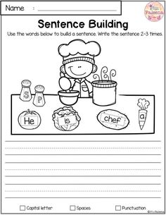 a worksheet for sentence building with pictures and words on the page, which is also