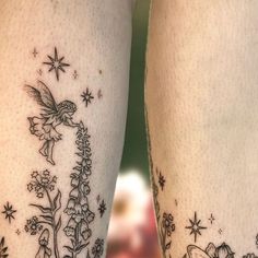 two tattoos on the legs of people with flowers and stars around them, one has a fairy tinkerbell