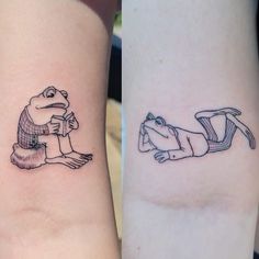 two tattoos that look like they have been drawn on their arms, one has a cartoon character