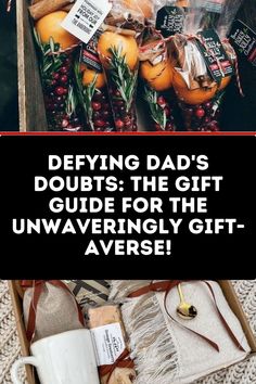 a box filled with oranges and other items next to the words defying dad's dubbs the gift guide for the unravengly gift