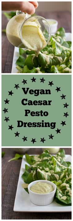 the ingredients to make vegan caesar pesto dressing are shown on a white plate