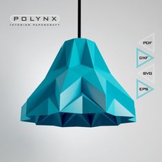 an origami style light hanging from a black cord with the polynyx logo above it