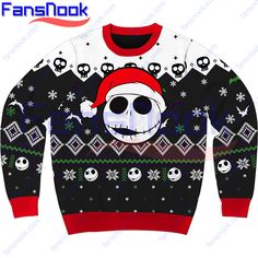 a sweater with a skull wearing a santa hat and skulls on the front is shown