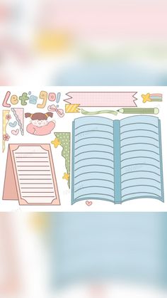 an open book surrounded by stickers and other items on a white background with pastel colors