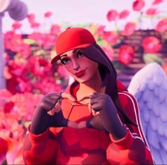 an animated girl in a red and orange outfit with angel wings on her shoulder, standing next to a field of flowers