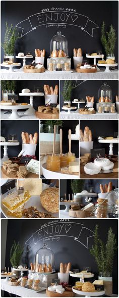 a series of photos showing different types of desserts and pastries on display in front of a chalkboard