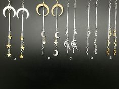 Stainless steel dangling earrings measuring 13 centimeters long! (Moons stars and fairies) Silver Celestial Earrings With Dangling Charms, Celestial Silver Earrings With Dangling Charms, Different Kinds, Dangling Earrings, Ear Wire, Stars And Moon, Favorite Jewelry, Jewelry Earrings Dangle, Beauty Book