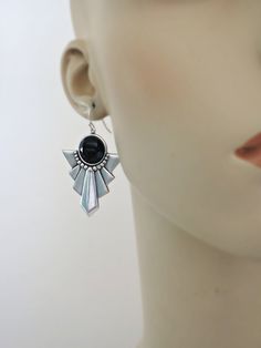 "Vintage Jewelry - Art Deco Earrings - Silver Earrings - Black Earrings - Statement earrings - Chloe's Vintage handmade jewelry Very cool silver plated Art Deco inspired earrings embellished with black faceted vintage glass stones. Chloe says, \"Wear them and feel fabulous!\" They measure 2 1/8\" long from the top of the silver ear wires. Thanks for visiting Chloe's" Handmade Art Deco Silver Earrings, Handmade Silver Art Deco Earrings, Handmade Sterling Silver Art Deco Earrings, Unique Black Pierced Earrings, Art Deco Sterling Silver Drop Earrings, Art Deco Sterling Silver Dangle Earrings, Art Deco Drop Earrings With Ear Wire, Art Deco Silver Metal Earrings, Nickel-free Art Deco Metal Earrings