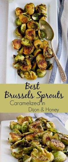 brussel sprouts on a white plate with a spoon next to it