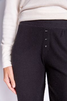 Black rib jammie pant with banded cuffs and faux 3-button fly. (6612551336036) Black Lounge Pants, Black Lounge, Womens Pajamas Pants, Color Block Cardigan, Vintage Crewneck, Champion Sweatshirt, Rainbow Kids, Layered Tops, Best Black