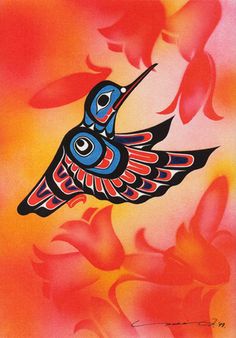 a painting of a colorful bird with red and blue feathers flying above it's head