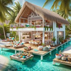 an artist's rendering of a tropical house on the water with lounge chairs and tables