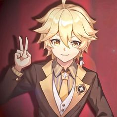 an anime character with blonde hair wearing a suit and holding two fingers up in the air