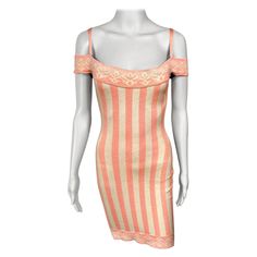 Azzedine Alaia S/S 1992 Vintage Cold-Shoulder Striped Bodycon Mini Dress Size S Alaïa cold-shoulder bodycon dress with striped print throughout, squared neckline, short sleeves and concealed zip closure at back. Vintage Alaia, Alaia Dress, Squared Neckline, Azzedine Alaia, Bodycon Mini Dress, S S, Cold Shoulder, Evening Dresses, Knitwear