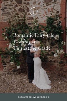 a bride and groom standing in front of a stone wall with the words romantic fairy - tale