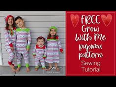 three children in matching pajamas and hats standing next to each other with the text free group with me pajama pattern