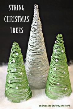 three plastic christmas trees sitting in the snow with text overlay that reads, string christmas trees