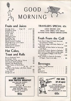 the menu for good morning is shown in black and white, with an image of a frog