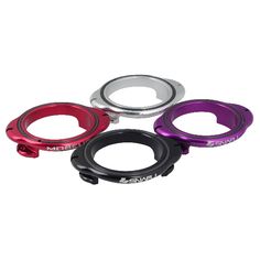 four different color aluminum headset for the camera, including red, purple and silver