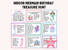 a birthday card with pictures of mermaids and sea creatures in pink, green, blue, and purple