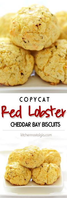 two pictures with the words copycat red lobster cheddar bay biscuits