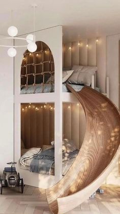 a bedroom with bunk beds and a slide in the middle of the room, as well as other furniture