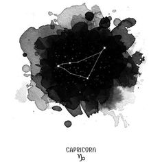 the zodiac sign capricorn on a black and white watercolor background with ink blotches