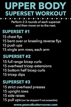 the upper body superset workout plan is shown in blue and black, with instructions for each