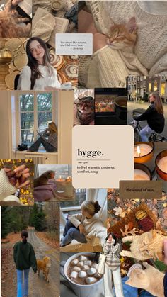 a collage of photos with people and animals in them, including candles, sweaters, blankets, cats