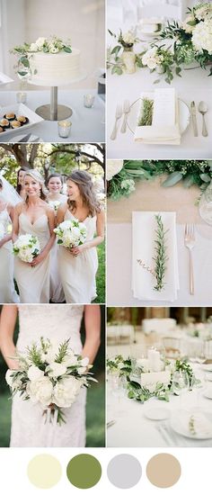 a collage of photos with white flowers and greenery on the table in different colors