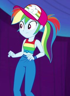 the pony is wearing a colorful hat and blue pants