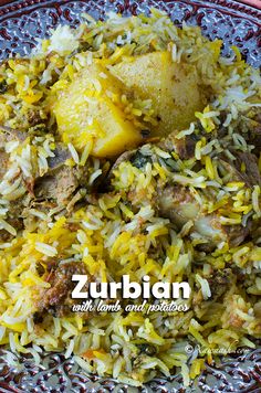 a plate full of food with rice and meat on it that says zubian