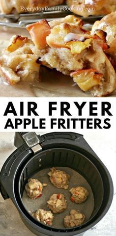 air fryer apple fritters in an air fryer with text overlay