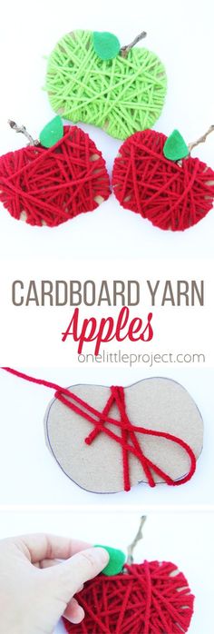 an apple string art project for kids to make with yarn and scissors, is shown