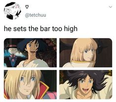 anime memes with caption that reads, he sets the bar to high