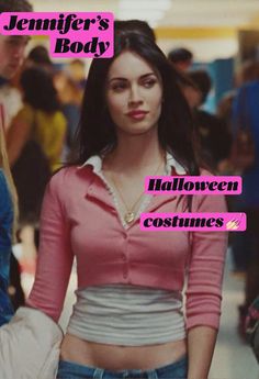 a woman in pink shirt and jeans with words above her head that says,'jennyie's body halloween costumes