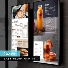 two menu boards with drinks on them next to each other