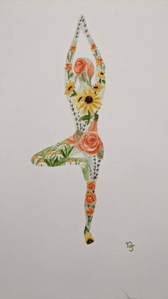 a drawing of a woman doing yoga with flowers on her leg and arms in the air