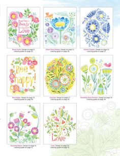 six cards with flowers and the words bee happy on them, all in different colors