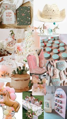 a collage of photos with pink, blue and green items in them including hats, cake, balloons, shoes, flowers, and more