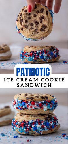 patriotic ice cream cookie sandwich with sprinkles and chocolate chip cookies on top