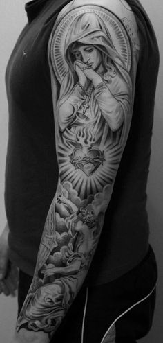 Religious Tattoo Sleeves, Angel Sleeve Tattoo, Mother Mary Tattoos, Sacred Heart Tattoos, Mary Tattoo, Religious Tattoo, Jesus Tattoo, Religious Tattoos, Geniale Tattoos