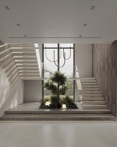 an empty room with stairs leading up to the second floor and a potted plant